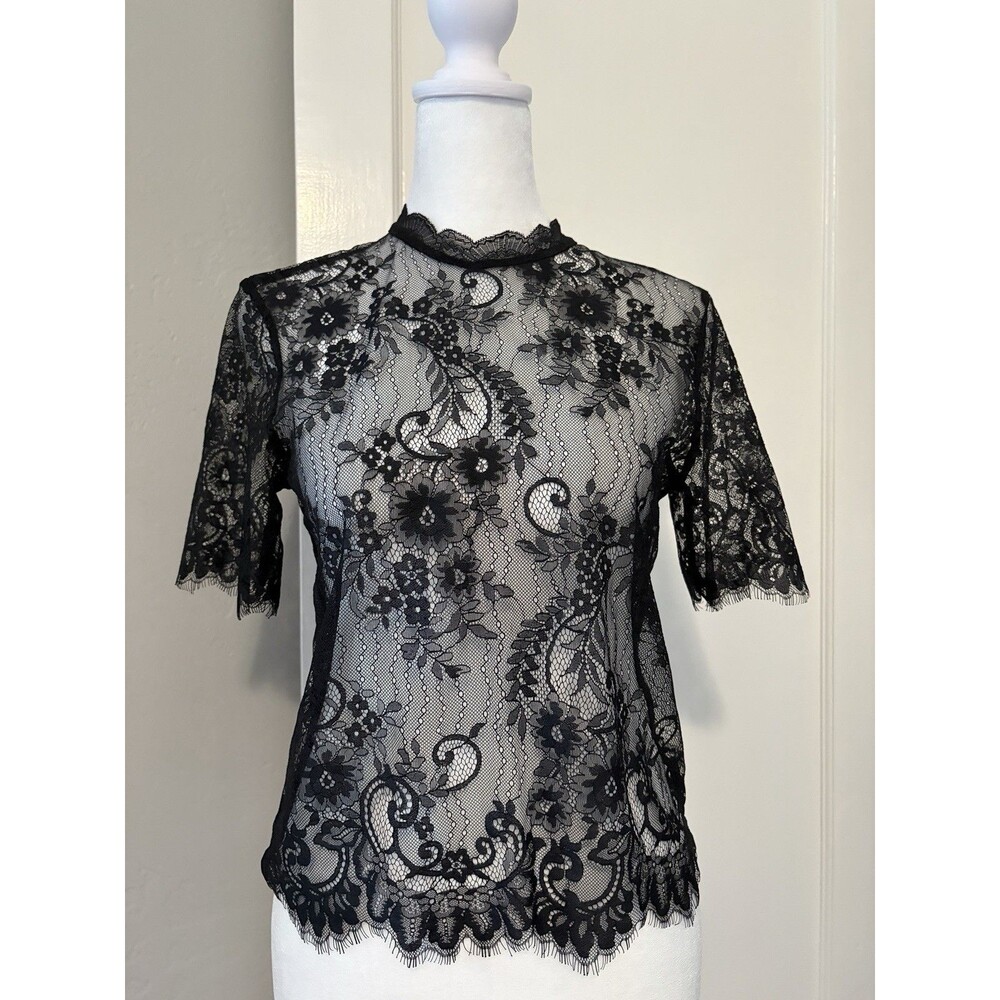 H&M Divided Black Sheer Floral Lace Mock Neck Top Gothic Coquette XS